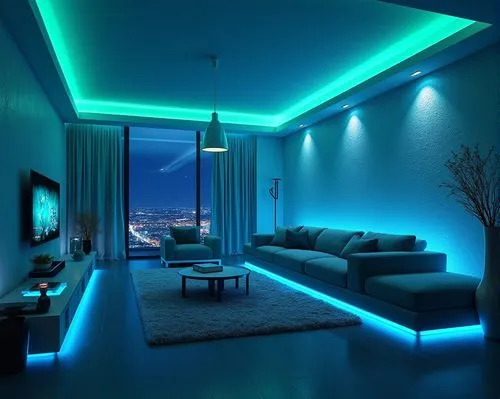 a modern living room with softly lit walls that shimmer in the dark with a phosphorescent interior design, furniture edges glowing in neon blue and green, and ambient light radiating from sleek décor 