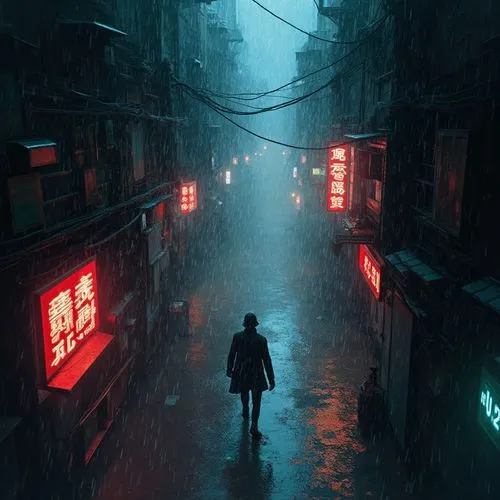 Create a cinematic image of a high-stakes chase through a Blade Runner-esque labyrinth of alleys and rain-soaked avenues. A determined detective, silhouetted against a cascade of neon reflections, rac