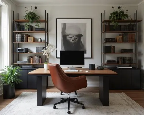  interior design,a well decorated home office with black and white accessories,modern decor,danish furniture,writing desk,modern office,desk,scandinavian style,Photography,Documentary Photography,Docu