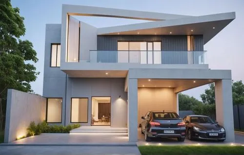 Architecture Design,two cars are parked in front of an open and minimal house,modern house,modern architecture,cubic house,cube house,frame house,two story house,modern style,contemporary,folding roof