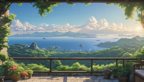 anime scenery summer miyazaki style,ghibli,ocean view,studio ghibli,idyllic,landscape background,oceanview,paradis,summer background,bougainvilleans,cartoon video game background,windows wallpaper,cli