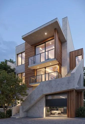 A modern two-story house with a minimalist design, featuring a combination of concrete and wood. the house is located in a suburban area, with a clear blue sky visible in the background. the exterior 