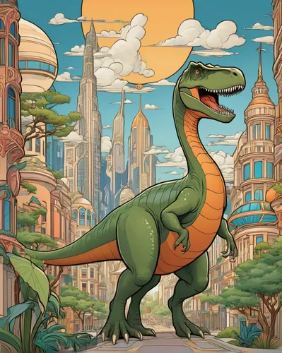 Depict a cartoon dinosaur exploring a futuristic city.,dinosaruio,brontosaurus,dino,dinosaur,landmannahellir,rubber dinosaur,altiplano,drexel,tyrannosaurus,iguanidae,yoshi,giant lizard,trex,dinosaurs,
