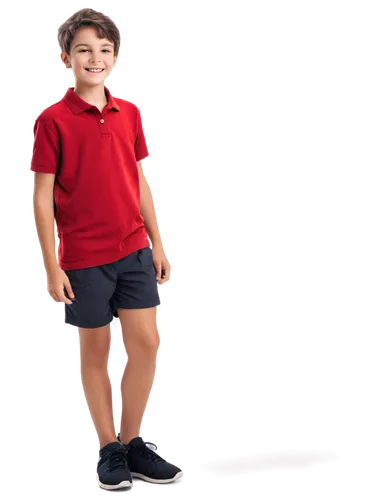 Young boy, standing, red casual shirt, black athletic shorts, sneakers, messy short hair, bright smile, relaxed posture, natural makeup, soft sunlight, 3/4 composition, shallow depth of field, vibrant