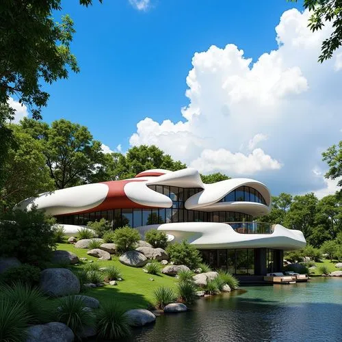 A breathtaking 3D render: an architectural marvel, a majestic white house with a red and white roof, rises above a beautiful blue sky. The house's intricate carvings add scale, while fluffy clouds add