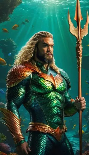 Aquaman, half-human half-fish, muscular male, shiny scales, green and orange armor, long blonde hair, strong facial features, holding a trident, standing in the ocean, coral reef, seaweed, schools of 