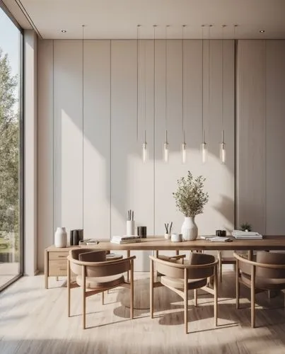 Interior design,a wooden dining room table surrounded by chairs,dining table,breakfast room,dining room table,modern minimalist kitchen,minotti,dining room,Photography,General,Realistic