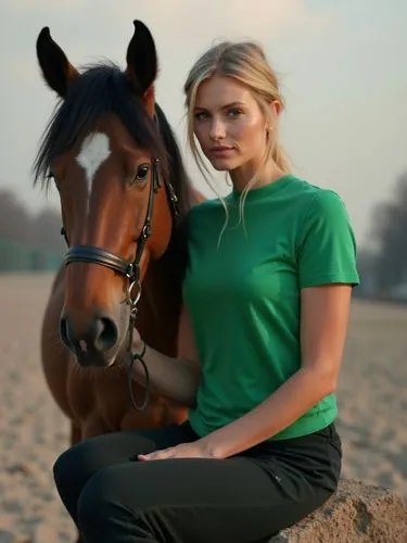 A pretty rider - wearing a green T-shirt - together with her handsome stallion.,a beautiful blonde woman sitting on top of a rock next to a brown horse,aqha,horsewoman,equestrian,wagiman,horseriding,e