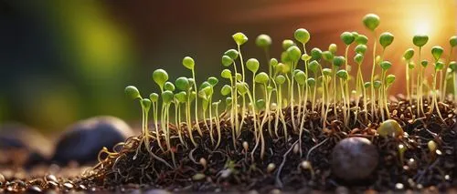 Seeds, botanical garden, various species, intricate details, tiny roots, sprouts, soil, water droplets, sunlight, warm atmosphere, close-up, macro photography, shallow depth of field, vibrant colors, 