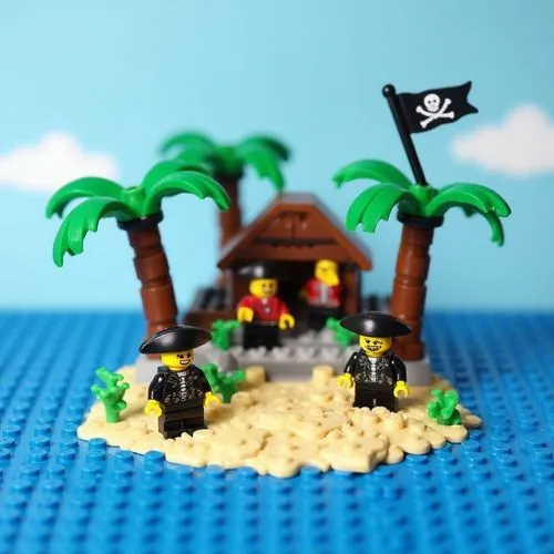 Une petite île au trésor LEGO. La base est en plaques bleues (eau) et plaques "tan" (sable). Il y a une petite cabane/fortin en briques marron et grises avec des palmiers LEGO (troncs marron, feuilles