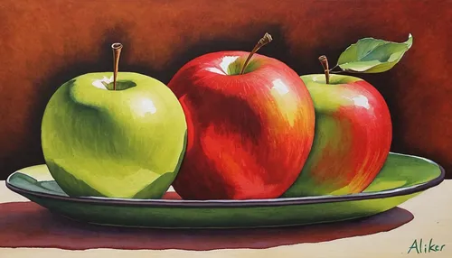 Green & Red Apples - SOLD,apple pair,green apples,red apples,apples,basket with apples,basket of apples,green apple,fruit bowl,watercolor fruit,cart of apples,red apple,granny smith apples,apple half,