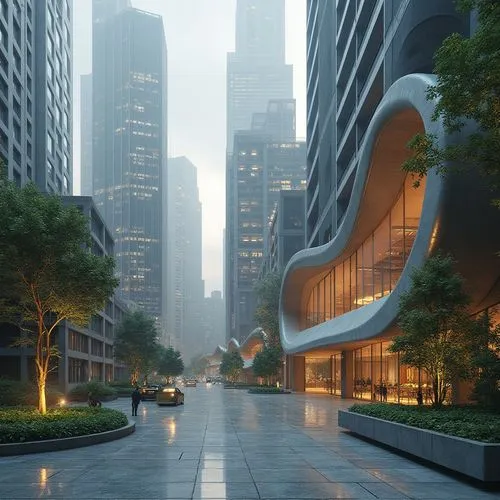 prestation architecture 
,an empty city street with tall buildings in the background,futuristic architecture,safdie,guangzhou,heatherwick,shenzhen,3d rendering,futuristic landscape,shenzen,transbay,fu