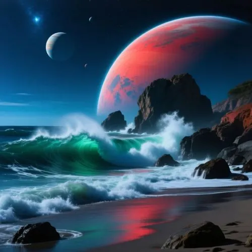 the ocean waves crashing into an island near the shore,alien planet,red planet,dune sea,fantasy picture,dune landscape,fantasy landscape,futuristic landscape,alien world,lunar landscape,sea landscape,