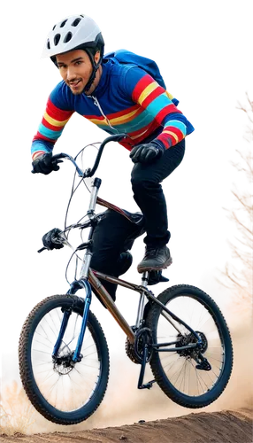 Mountain bike, shiny metal frame, colorful stripes, wide tires, suspension fork, disc brakes, ergonomic handlebars, comfortable saddle, rider wearing helmet and gloves, dynamic pose, jumping over obst