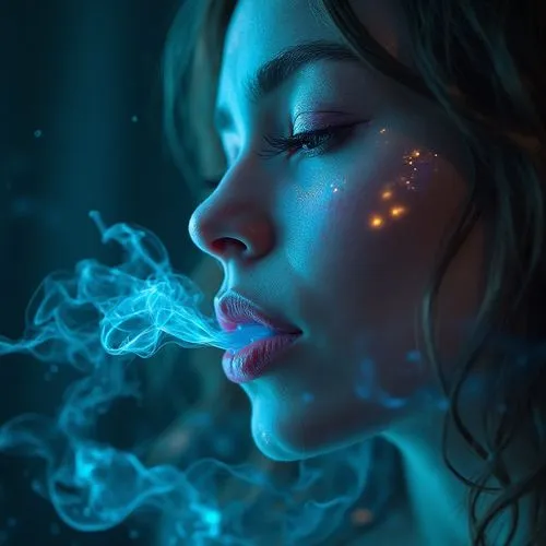 a close-up photograph of a woman's face, the focus is on the left side of her face and a small amount of white liquid inside her mouth, all areas are dark with some objects being blurred in the forefr