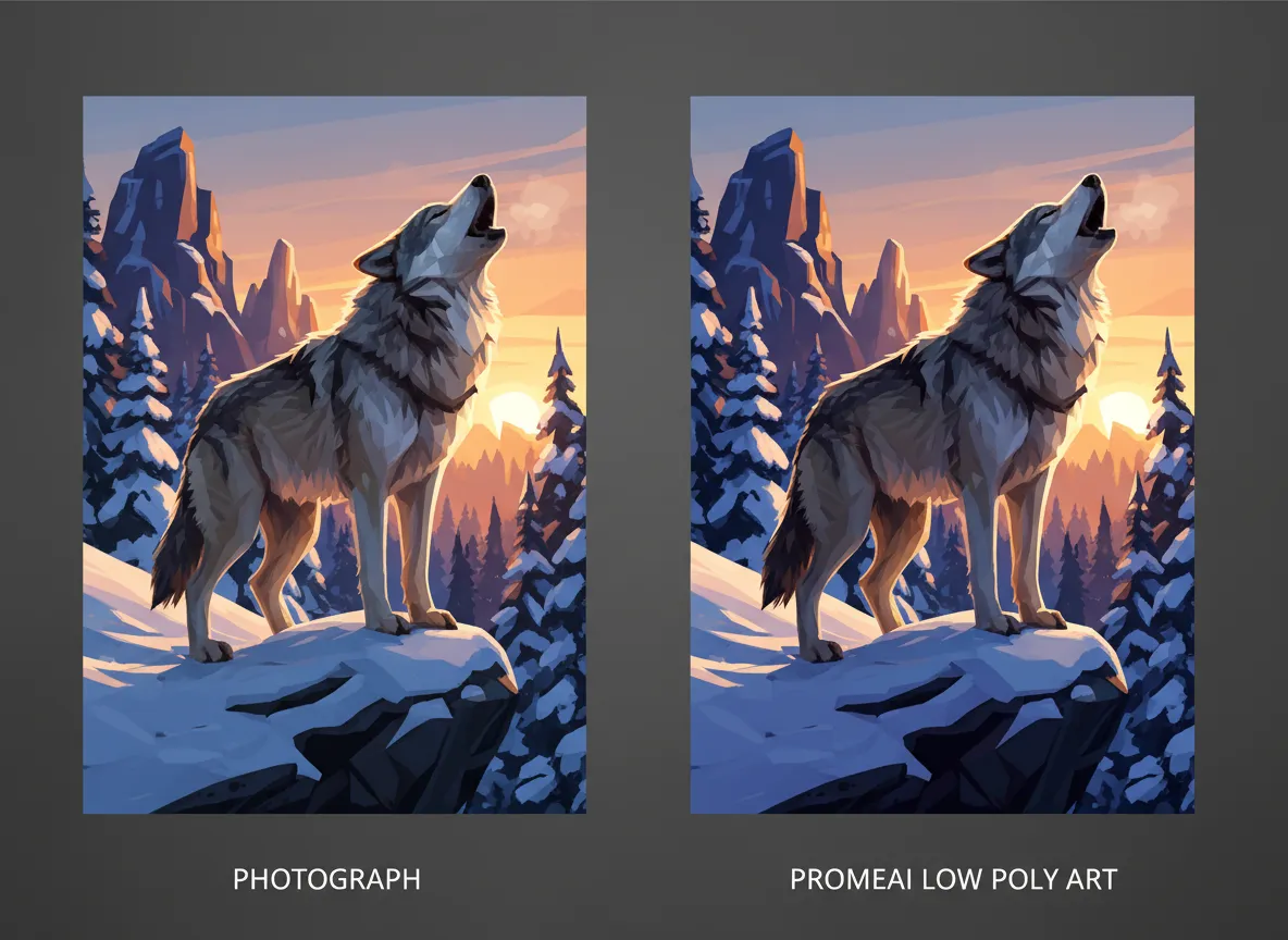 एक भेड़िये की तस्वीर और PromeAI द्वारा उसे एक गतिशील Low Poly कला शैली में बदलने की साथ-साथ तुलना।