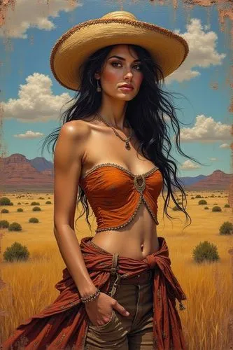 A beautiful, stunning mixed media figure painting using different texture, collage, fabric, powertex, acrylic paint. oil pastels, modeling paste, rust paint, captivating, figure painting, Southwestern