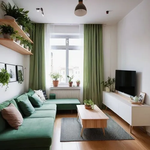 cozy small apartment, modern interior design, minimalist style, 20-30sqm, compact layout, natural light, white walls, wooden floor, simple furniture, single sofa bed, coffee table, TV mounted on wall,