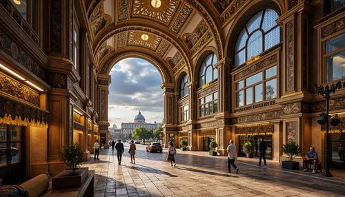 Intricate stone carvings, ornate metalwork, grand domes, arched windows, vibrant mosaic patterns, golden accents, luxurious marble floors, ornamental columns, capitals, Byzantine-inspired frescoes, ri