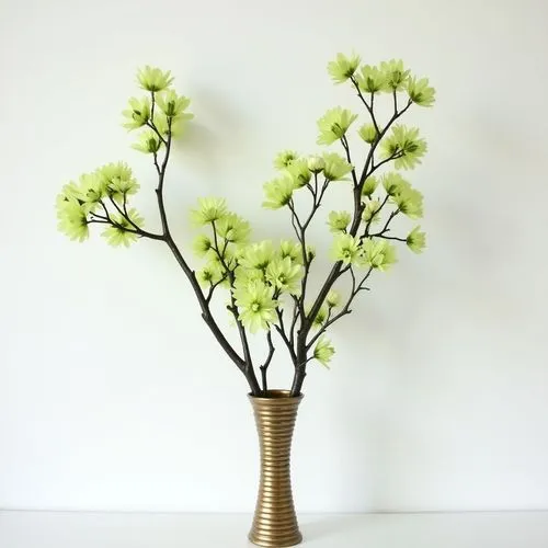 tall big elegant decorative branches with green flowers,on white wall,frontview, simple elegant   gold stripes vase
,a small vase with three nches and flowers inside it,green chrysanthemums,a sprig of
