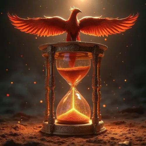 A majestic phoenix perches atop an enormous, ornate hourglass filled with shimmering crimson sand. Its feathers shift from deep red (#8B0000) to molten gold (#FFD700). The hourglass frame is crafted f