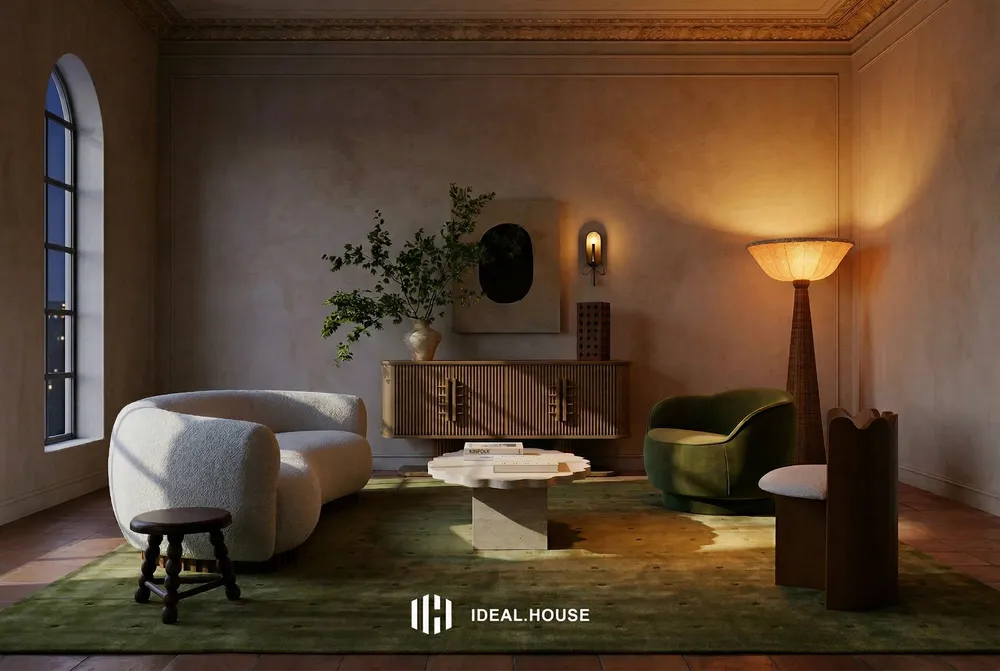 an old apartment with modern furniture and a wooden floor