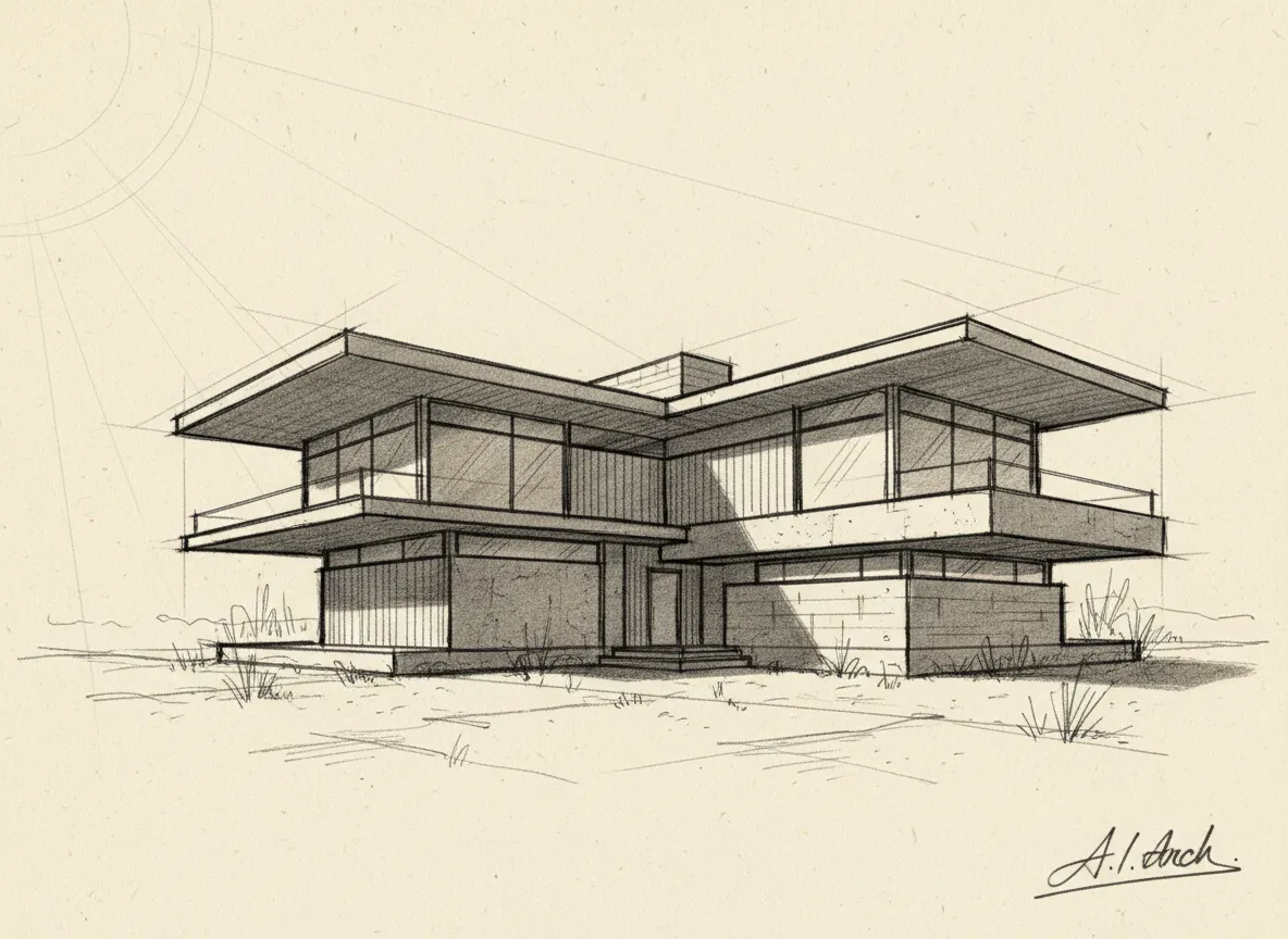 Uno schizzo architettonico generato dall'AI di una casa moderna, che mostra linee nette e ombre morbide in stile carboncino.