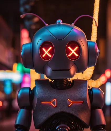 portrait shot, robot, X shaped neon lights instead of eyes, depth of field, KAWS style, cinematic scene,chat bot,cyberpunk,robotic,minibot,robot,robot icon,robotics,bot,robots,chatbot,social bot,soft 