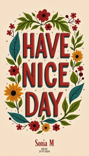 Create an illustration with the phrase "HAVE A NICE DAY". The typography should be original, creative, and easy to read, conveying a sense of positivity and joy. The background should harmonize with t