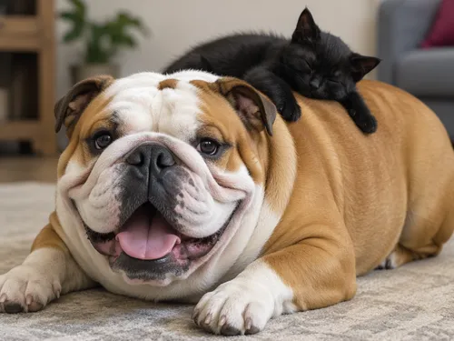 a big smiling bulldog with a small black kitten sleeping on its back
,a dog laying on a rug with a cat laying on its head,dog and cat,dwarf bulldog,french bulldogs,headlock,headrest,headlocks,head mas