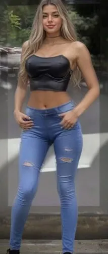 a woman with a crop top and blue jeans posing for a po,fitness model,jeans background,abs,jiggle,denim jeans,thickset,jeans,ad,ab,em,gap,ammo,edit,her,hip,high jeans,green screen,cinchona,j,aliyah