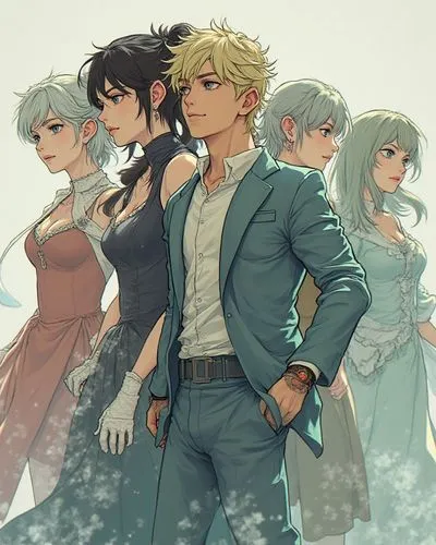 Horror protagonists ,a group of people standing next to each other,sea scouts,protagonists,quartet,dragon slayers,birds of the sea,sailors,servants,at sea,alchemists,apprentices,breakers,island group,