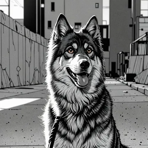 COMIC STYLE, COMIC ART, Tuschelinien, Schatten, dynamische Linienführung, 2000's Comic‑Look, slim black ink outline,a black and white photo of a large dog,street dog,dog illustration,stray dog,malamut