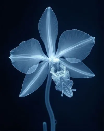 A detailed X-ray photo of an orchid flower The background is dark blue, creating contrast between light gray and navy colors. It has been created using delicate digital techniques to capture every det