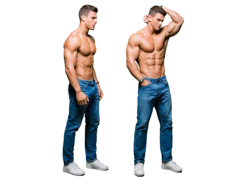 Muscular man, athletic physique, bulging biceps, trapezius muscles, six-pack abs, broad shoulders, strong jawline, short hair, sweaty skin, ripped shirt, denim jeans, standing pose, dynamic lighting, 