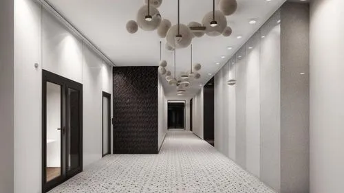 minimalist lobby, modern , concrete, terrazzo , glass cladding ,a corridor that has lights and a tile floor,hallway space,hallway,corridors,corridor,ceiling lighting,ceramic floor tile,ceiling light,h