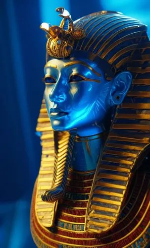 The Egyptian mummy is one of the ancient artifacts from inside the pyramids with a blue glass face.,the statue is golden with blue and gold accents,king tut,pharaoh,pharaohs,mummy,hieroglyph,sphinx,th