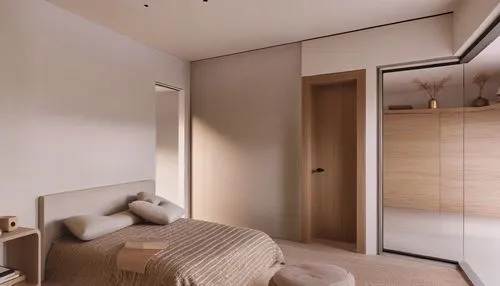 a bedroom with a neutral bed, mirror and cabinets,japanese-style room,modern room,modern minimalist bathroom,bedroom,guest room,guestroom,guestrooms,hallway space,chambre,sleeping room,bedrooms,anasta
