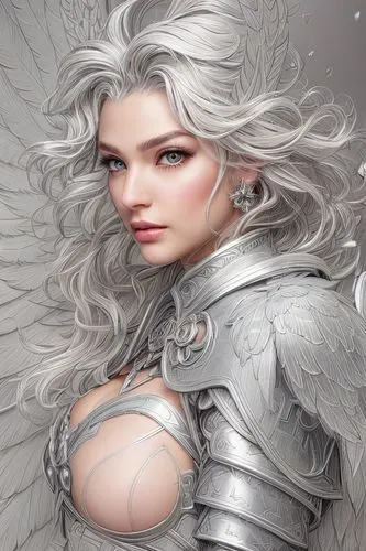 silver hair, adorable,  valkyrie, adorable fantasy, very cute, sweet beautiful young woman, flowers and vines, clean bare skin, clear face, leather armor,silver,silvery,white rose snow queen,archangel