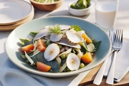 a plate with vegetables and dressing on a table,mozzarella salad,sea salad,egg dish,vegetable salad,stir-fried morning glory,salad plate,vegetable prawn salad,cut salad,glass noodle salad,vinaigrette,