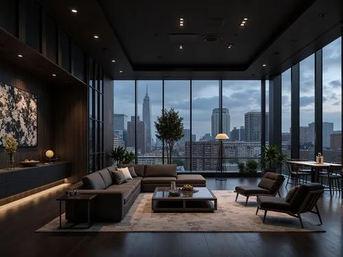 Luxurious penthouse interior, monochromatic color scheme, dark tones, rich textures, metallic accents, sleek lines, minimalist decor, floor-to-ceiling windows, cityscape views, urban landscape, modern