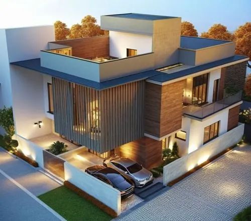 modern elevation,a beautiful modern house in the evening light,modern house,residential house,two story house,render,modern architecture,luxury home