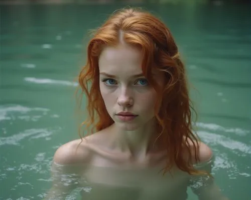 Una hermosa mujer, de unos 20 años de edad, cabellos largos y ondulados de color rojizo y ojos azules, se baña desnuda en un lago. Ella está de espaldas. No explícito. Estética Retro. Realista.,a woma