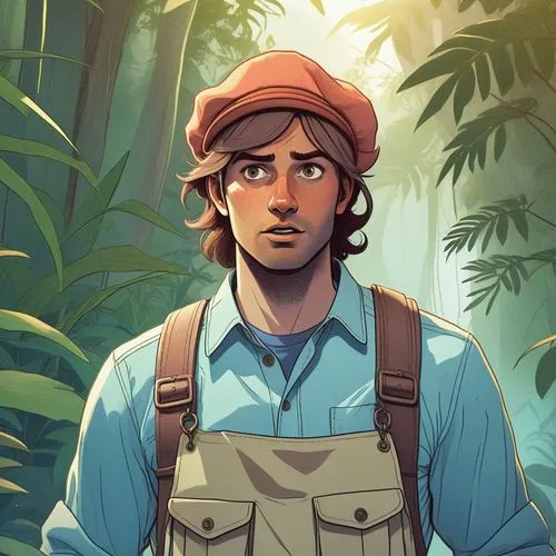 Lost Explorer: A bold and adventurous young man in his early thirties, with a determined gaze and a thirst for discovery, navigating the dangers of the wild with unwavering courage.