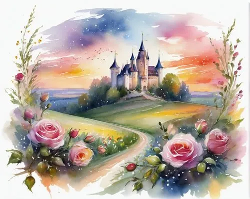 white background, castle in background, sunset sky with twinkling stars, rolling farmlands, spring flowes and roses,fairy tale castle,watercolor background,disney rose,hogwarts,shanghai disney,disney 