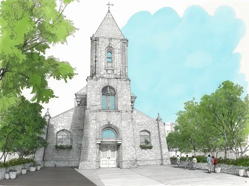 an artist's impression of a cathedral with a person standing on the sidewalk,sun salutation,yoga day,yogic,yoga mat,yoga mats,half lotus tree pose