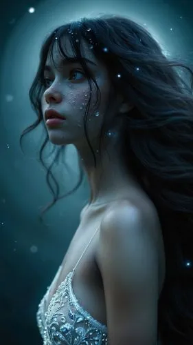 An ethereal, high-resolution digital illustration of a girl's face and body displayed in a circular manner. The subject's eyes are totally a symphony of her skin and hair. The illustration is a carefu