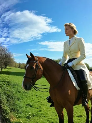 The German-British Doris von Sain-Wittgenstein sits high on horseback and presents herself in the most glorious sunshine, graceful and regal, while the country scenery perfectly complements her sublim