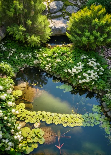 in forest, small stone pond, flowers are blooming,  lemon trees,lily pond,garden pond,pond plants,koi pond,lilly pond,pond flower,japanese garden,water lilies,white water lilies,lily pads,japan garden