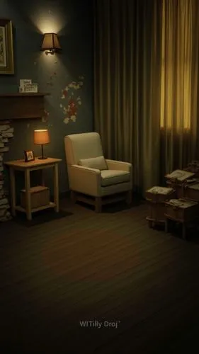 A photo-realistic shoot from the side about a dimly lit room with peeling walls and a wooden floor, featuring a table with a lamp on the left side and a chair on the right side. the room has a rustic,